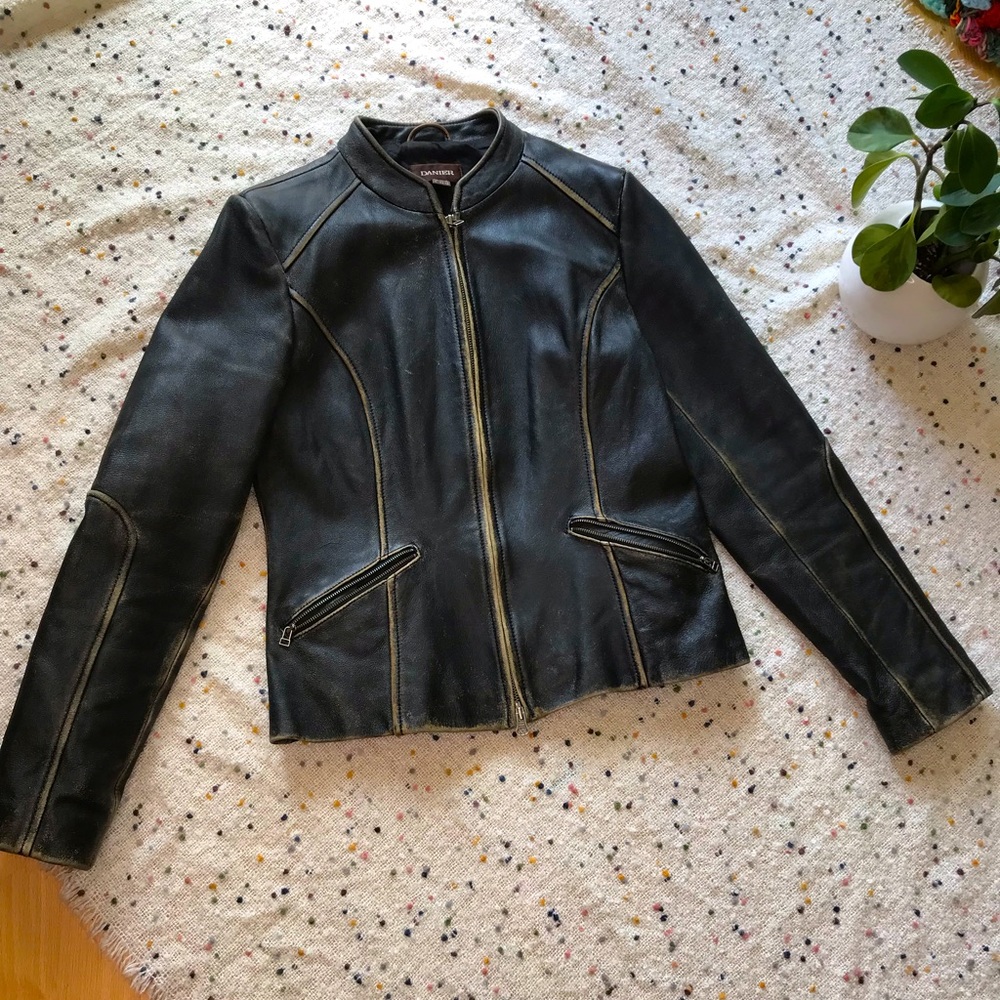 Danier Distressed Black Leather Moto Biker Jacket